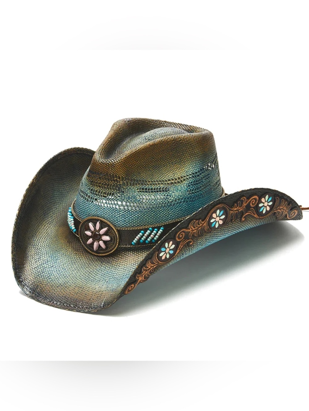 Stampede Turquoise Teal Aqua Floral Filigree Cowgirl Western Rodeo Hat Large